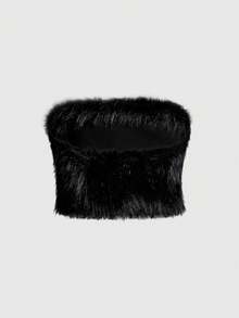 ROMWE Grunge Punk Áo crop top hở vai phối lông giả gợi cảm dự tiệc mùa đông dành cho nữ - màu đen - Xem 2