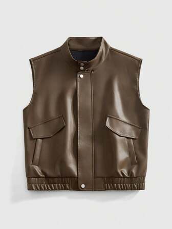 Street Life Gilet casual in pelle PU con zip frontale, colore unito, autunnale, da uomo