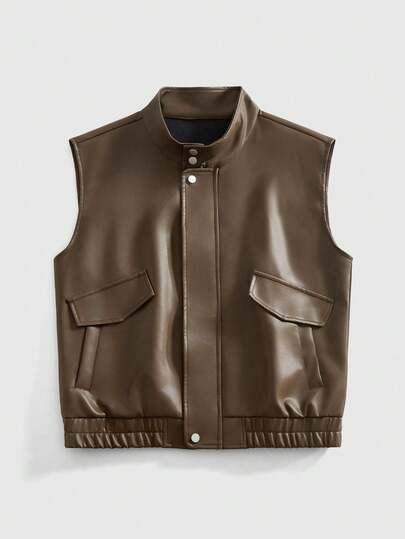 Street Life سترة جلدية كاجوال بسحاب أمامي لون أحادي للرجال، خريف