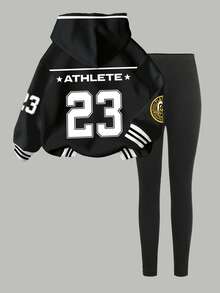 2pcs/Set Teen Girl Sports, Street, Back To School, Casual, College, Basketball Style Black Minimalist Numeric 23 Print Hoodie Sweatshirt And Leggings, Fashion Athleisure, Collegiate, Street Style, Contrast Color, Comfortable Long Sleeve, Suitable For Autumn/Winter Baseball Clothes Teen Set 2 Piece Set Biker Set 23 Print Clothes