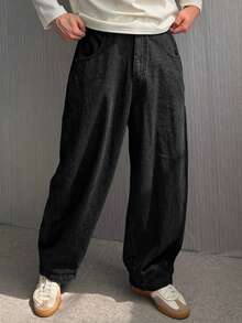 DAZY Men's Black Raw Denim Wide Leg Cocoon Jeans, Autumn