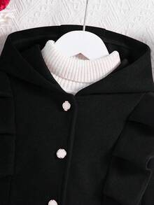 SHEIN Tween Girls Red Ruffle Trim Long Sleeve Casual Hooded Single-Breasted Overcoat - Black - View 6