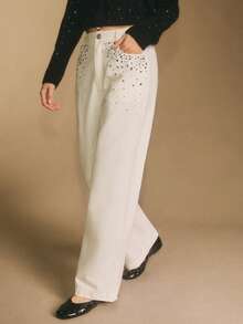 Poéselle Women's Solid Color Rhinestone Decor Pocket Wide Leg Loose Casual Pants Wide Leg Pants Rhinestone Pants Elegant Pants For Women, Western Pants, Embellished Jeans, Wide Leg Jeans Woman - White - View 3
