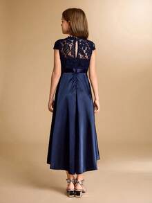 Lace & Satin Patchwork Asymmetrical Hem Midi Dress, High-End Formal Gown For Teens, Suitable For Wedding, Prom, Birthday Party, Christmas