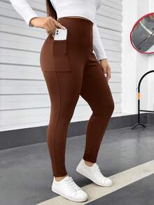SHEIN Essnce Plus Size Women's Spring And Summer Fashion Casual Comfortable Daily High Elastic Black Slim Fit With Pocket Leggings,Spring,Women Bottom,Airport For Women,Curve Pants,Streetwear For Women,Going Out - Coffee Brown - View 1