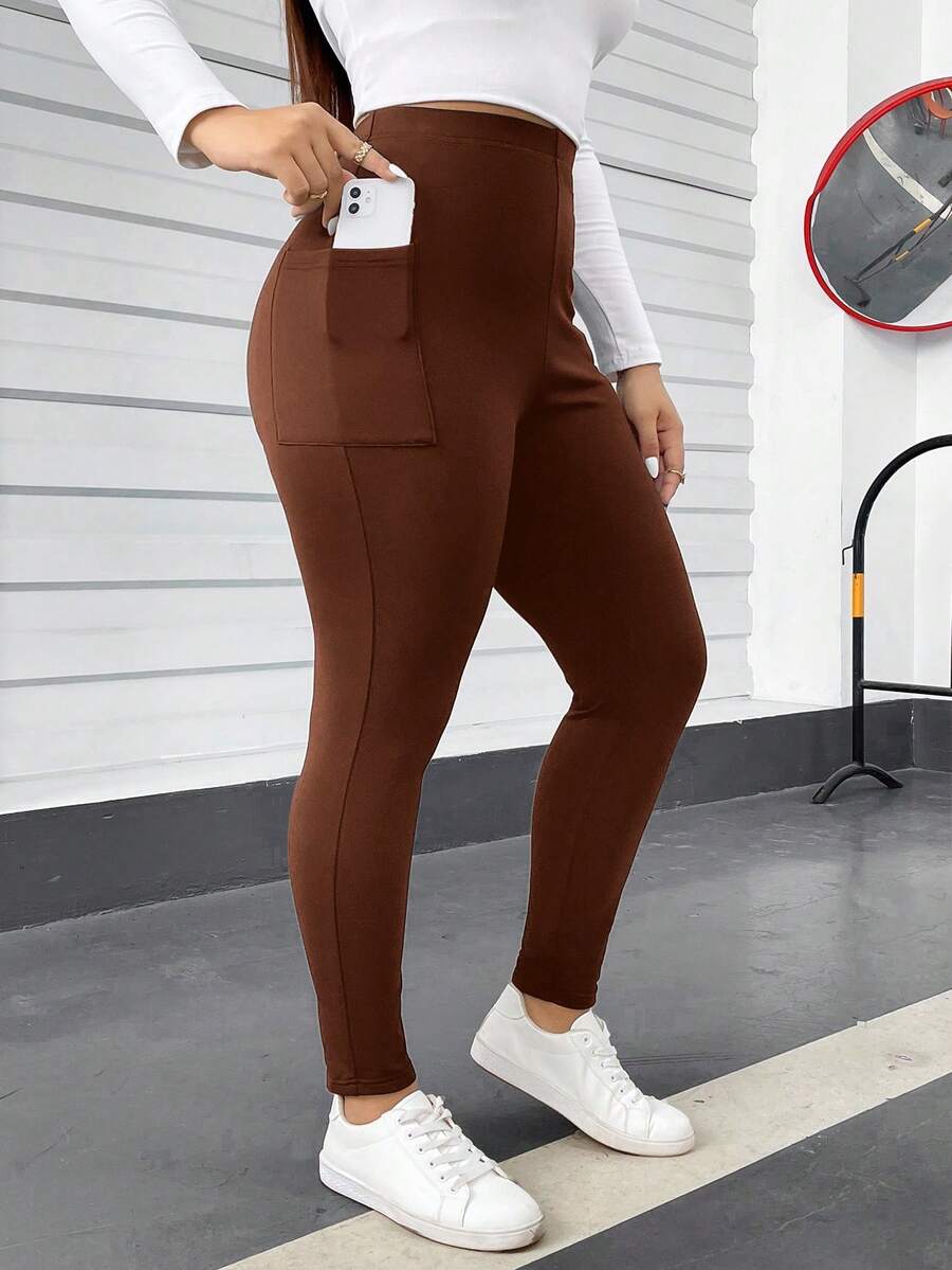 SHEIN Essnce Plus Size Women's Spring And Summer Fashion Casual Comfortable Daily High Elastic Black Slim Fit With Pocket Leggings,Spring,Women Bottom,Airport For Women,Curve Pants,Streetwear For Women,Going Out - Coffee Brown - View 1