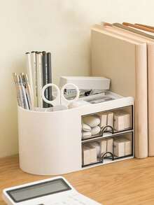 Madebyblanc 1pc Mini Organizador de Mesa com 2 Gavetas, Porta-lápis multifuncional para mesa, Caixa de armazenamento simples e criativa para artigos de papelaria e material de escritório para escola, escritório, dormitório, Organizador multicompartimento, Organizador de maquiagem, Material escolar, Presente de Natal, Presente de Natal - Multicolorido - Ver 10