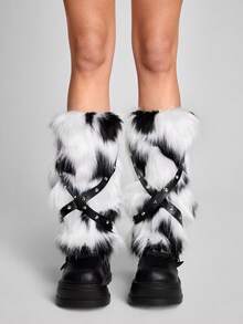 ROMWE Grunge Punk 1 đôi tất chân giữ ấm thời trang và phong cách họa tiết da báo dành cho nữ - Đen và trắng - Xem 2