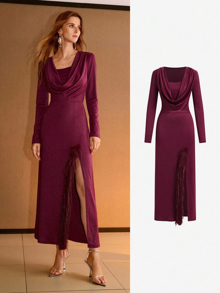 WOMEN'S AUTUMN/WINTER COWL COLLAR FUZZY SPLIT THIGH HEM FITTED KNIT DRESS