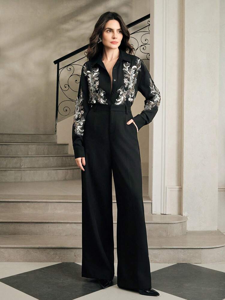 Damen elegante Weihnachts- & Halloween Vintage Chic schwarze Kragen Langarm Bluse, luxuriöse silberne Pailletten Blumenstickerei Dekor, locker vielseitiges Top, geeignet für Frühling, Sommer, Herbst, Festivals, Feiertage, Urlaub, elegant, Business Lässig