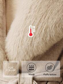 Anewsta 女式长翻领可拆卸仿毛领收腰休闲夹棉羊毛大衣，秋冬时尚 - 米色 - 查看 8