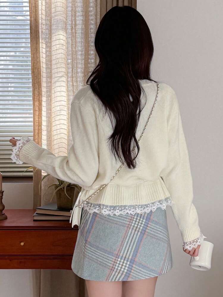 French Lace Patchwork Cardigan Sweater For Women, Thick Casual Loose Fit Outerwear Top, Autumn/Winter