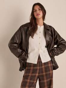 Easelle 秋冬女士咖啡色编织皮夹克 - 棕色 - 查看 1