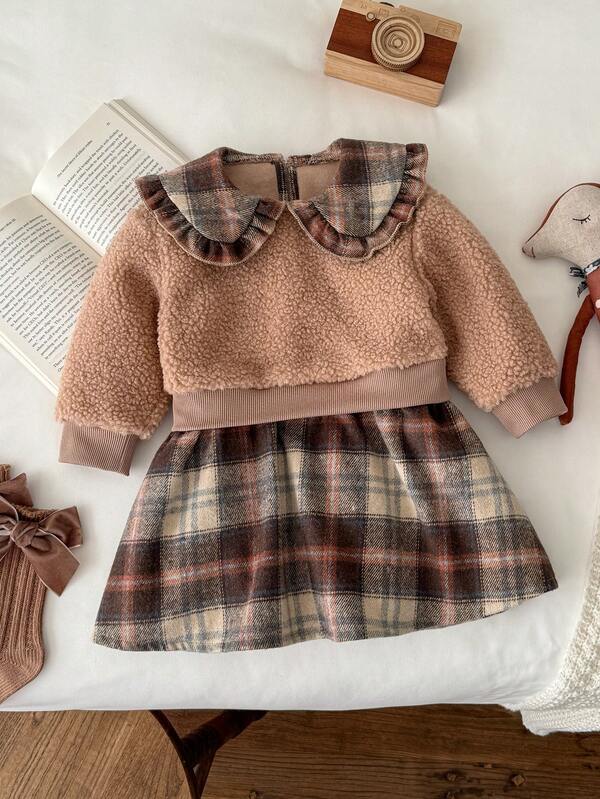 Blossori Vestido de niña bebé elegante francés de 2 en 1 con mangas largas y cuello, de pana y parches a cuadros