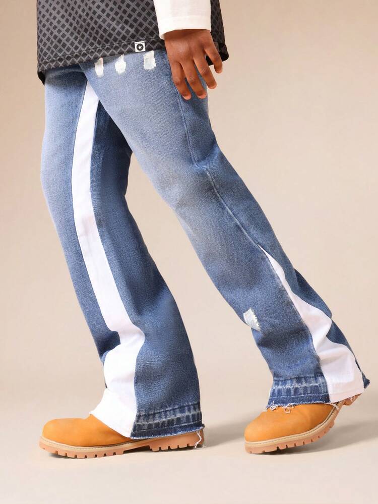 사이드 스트라이프 디테일이 있는 디스트레스드 진