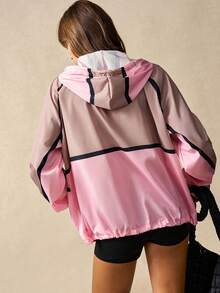 VARSIVA Contrast Color Drawstring Zipper Front Hooded Loose Casual Women Outdoor Jackets - Multicolor - View 2