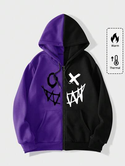 Street Life Men's Color Block Drawstring Hooded Zip Up Hoodie With Pattern Printing, School, For Fall Winter