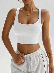 Gameset SHEIN Sport 女士纯色弹力交叉无缝运动背心，夏季 - 白色 - 查看 6