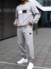 2pcs/Set Teenage Boys Casual College Style Graphic Print Crew Neck Pullover Sweatshirt And Drawstring Pants Outfit, Suitable For Autumn/Winter Leisure, Daily, Commuting, Sports Occasions