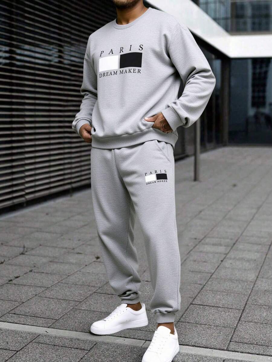 2pcs/Set Teenage Boys Casual College Style Graphic Print Crew Neck Pullover Sweatshirt And Drawstring Pants Outfit, Suitable For Autumn/Winter Leisure, Daily, Commuting, Sports Occasions