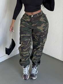 Alexandranx Camo Print Flap Pocket Cargo Jeans - Multicolor - View 4