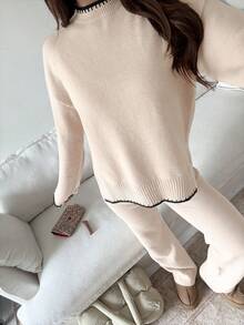Flirla 女士休闲撞色针织毛衣和裤子两件套，秋冬 - 米色 - 查看 5
