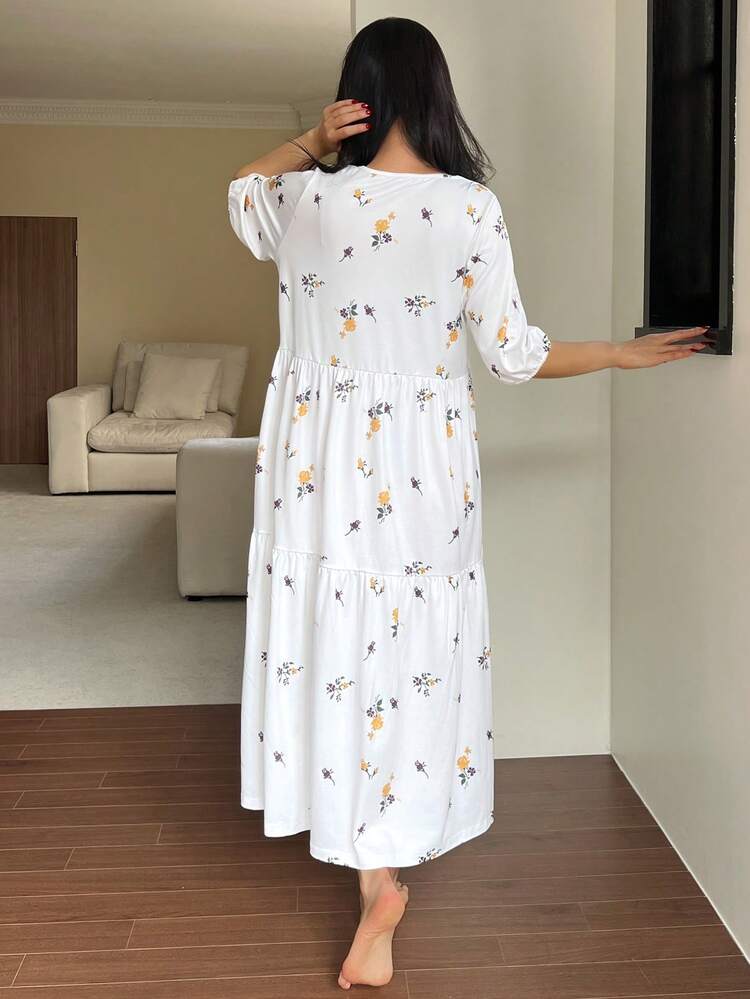 Ditsy Floral Loose Fit Long Nightgown For Women
