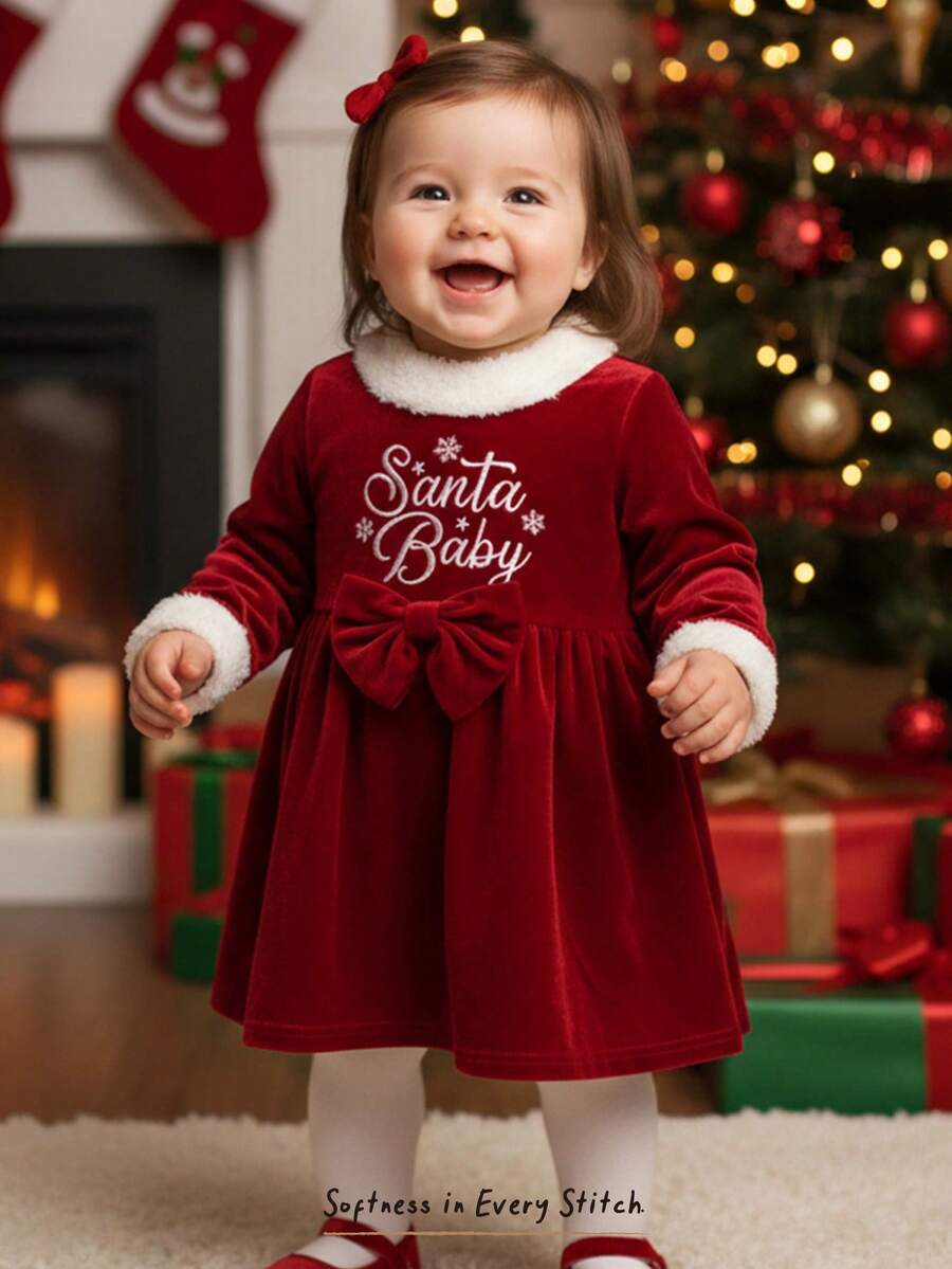 Cozy Pixies Baby Girl Christmas Snowflake & Letter Print Patchwork Fluffy Decor Round Neck Long Sleeve Waist Cinched Dress - Red - View 1