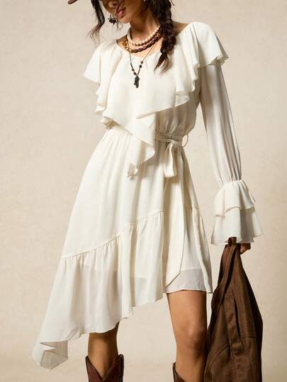 SoleilVie Vestido de mujer de manga larga con volantes en el bajo y unicolor