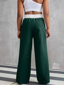 Sparklyn 青少年女孩休闲百搭街头运动百搭黑白撞色饰边宽松阔腿裤，度假，夏季，旅行 - 綠色 - 查看 2