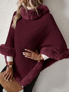 EMERY ROSE Fashionable & Elegant Fuzzy Patchwork Poncho Sweater, Autumn/Winter - Brown - View 5
