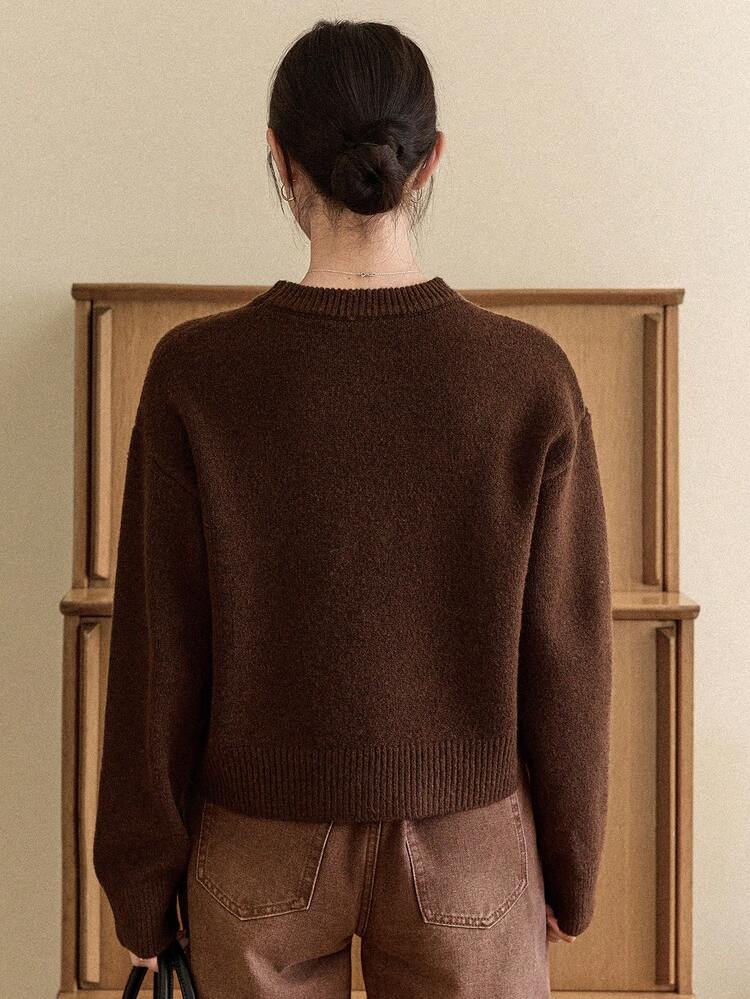 Women's Casual Crew Neck Drop Shoulder Long Sleeve Solid Color Knit Pullover Sweater, Autumn Business Casual Woman