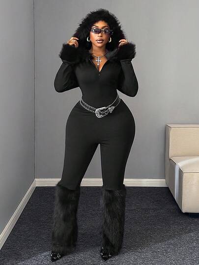 Maweii Mono de manga larga con capucha y cuello de piel ajustado de moda para mujer de talla grande en color negro