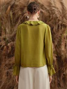 Chiquease Women's Solid Color 3D Floral Decor Long Sleeve Boat Neck Ruffle Chiffon Blouse - Mustard Yellow - View 3