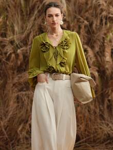 Chiquease Women's Solid Color 3D Floral Decor Long Sleeve Boat Neck Ruffle Chiffon Blouse - Mustard Yellow - View 5