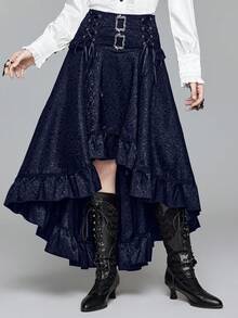 ROMWE Goth Women's Vintage Palace Dark High Waist A-Line Jacquard Patterned Front Short Back Long Skirt - Navy Blue - View 10