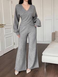 DAZY 女士优雅通勤交叉裹身毛衣和针织裤两件套