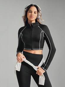 SHEIN Sports Women's Black And White Striped Yoga Jacket,Autumn Athleisure Gym Fitness Running Outdoor Zipper Long-Sleeve Hollow Out Crop Sports Shirt - Black - View 3