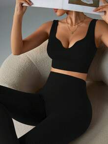 Dewbera 无缝高弹力运动健身文胸和紧身裤套装 - 黑色 - 查看 4