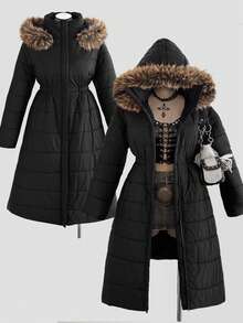 Sunspun Plus Size Women's Autumn/Winter Windproof Stand Collar Hooded Faux Fur Collar Long Sleeve Zip-Up Waist Cinched Mid-Length Casual Padded Coat With Side Pockets