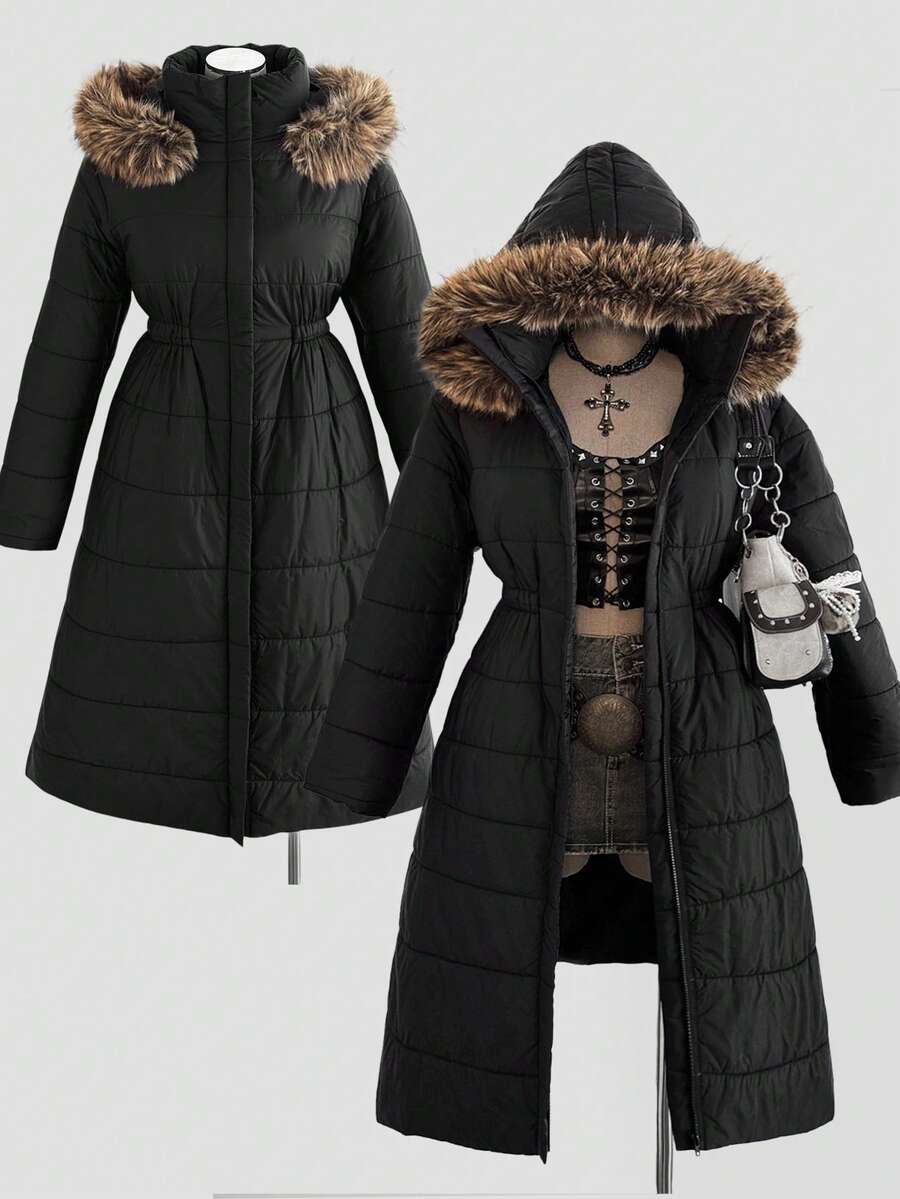 Sunspun Plus Size Women's Autumn/Winter Windproof Stand Collar Hooded Faux Fur Collar Long Sleeve Zip-Up Waist Cinched Mid-Length Casual Padded Coat With Side Pockets