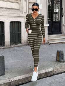 EURMUSE Women's Ribbed Rib Knit Long Sleeve Sweater Dress - Army Green - View 3