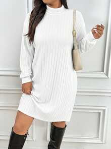 SHEIN Frenchy Plus Size Casual Solid Color Mandarin Collar Dress/Winter - White - View 2