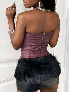 BamGleam Women's Crop Top With Burgundy Fuzzy & PU Leather Patchwork Design - Burgundy - View 2