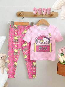 SHEIN Hello Kitty and Friends | Modeflare Wear Fetiță drăguță, inimă roz cu buline, potrivită pentru școală, socializare, petrecere în pijamale, culcare, tricou și pantaloni casual minimalist, croială strânsă, guler rotund, mânecă scurtă, pentru fetițe, lenjerie de casă, potrivită pentru vară - Multicolor - Vizualizare 2