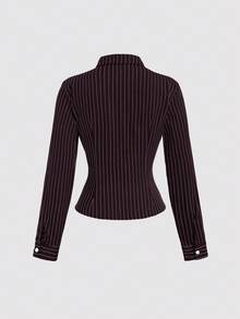 Sweetra Áo cánh tay dài họa tiết kẻ sọc cổ bẻ thời trang, màu sắc tương phản, ôm sát eo, tôn dáng cho nữ - Cà phê nâu - Xem 3