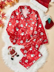 男童2件套圣诞老人太阳镜印花柔软缎面翻领开衫和裤子睡衣套装 - 彩色 - 查看 1