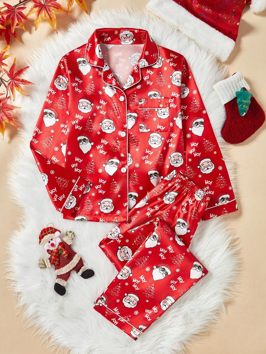 男童2件套圣诞老人太阳镜印花柔软缎面翻领开衫和裤子睡衣套装 - 彩色 - 查看 1