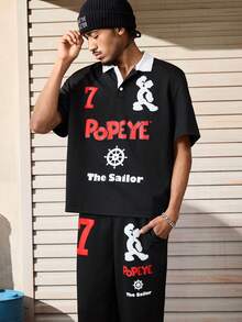 Popeye X SHEIN طقم تي شيرت بأكمام قصيرة وبنطلون كاجوال مطبوع عليه رسومات حرفية للرجال، صيفي - الأسود - مشاهدة 3