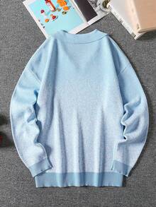 Manfinity Campus Court Aesthetic Post--Men's Fashionable Casual #9 Print Turndown Collar Long Sleeve Sweater - Blue - View 2